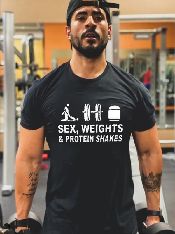 Sex, Weights & Protein Shakes Printed Men's T-shirt sold by Polyalien