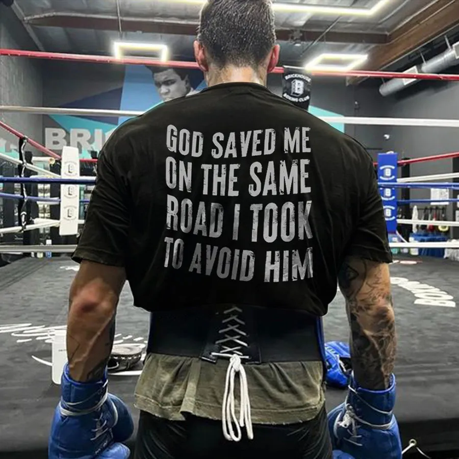 God Saved Me On The Same Road I Took To Avoid Him Printed Men's T-shirt sold by Polyalien