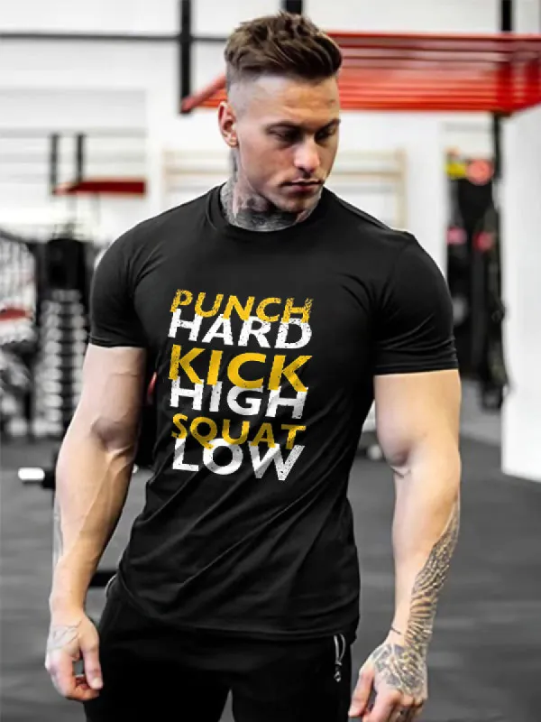 Punch Hard Kick High Squat Low Printed Men's T-shirt sold by Polyalien