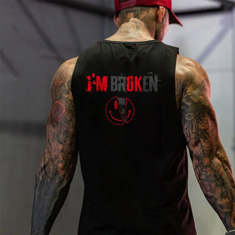 Vintage I'm Broken Letters Skull Printed Men's Vest sold by Polyalien