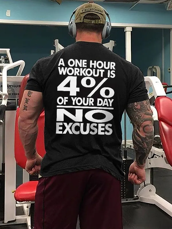 A One Hour Workout Is 4% Of Your Day No Excuses Printed T-shirt sold by Polyalien