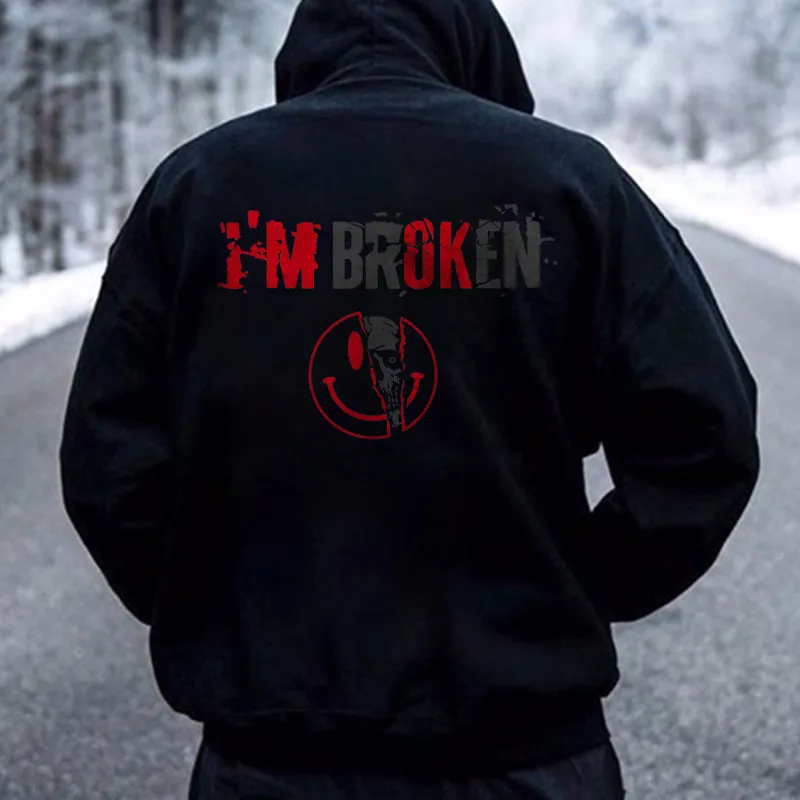 Vintage I'm Broken Letters Skull Print Men‘s Hoodie sold by Polyalien product image thumbnail 2