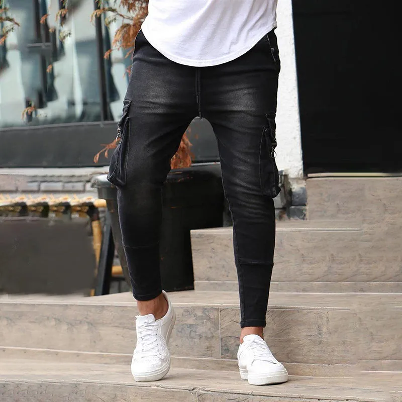 Multi-pocket zipper embellished stretch men's jeans sold by Polyalien