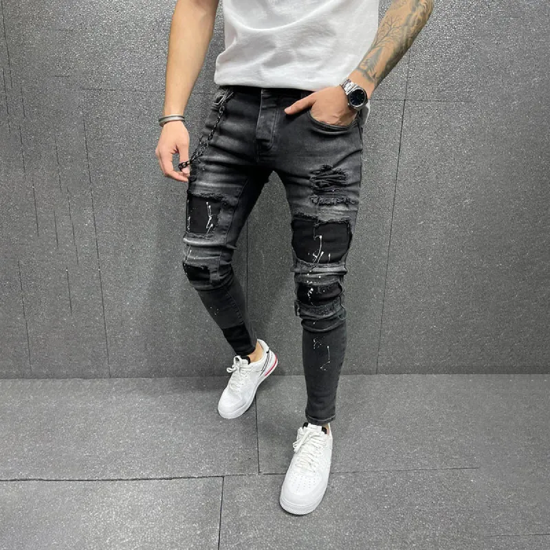 Ripped print sell-through patch stretch men's jeans sold by Polyalien