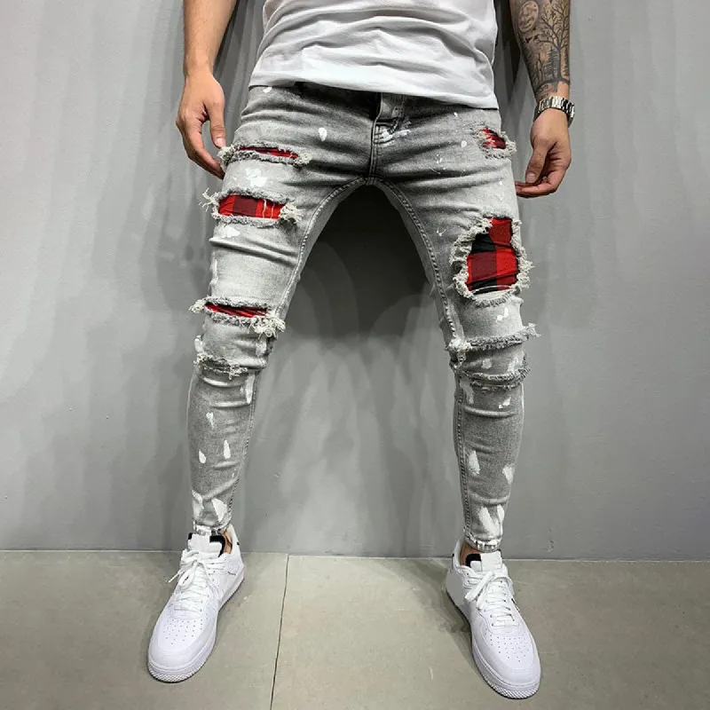 Ripped patchwork slim men's jeans made by Polyalien