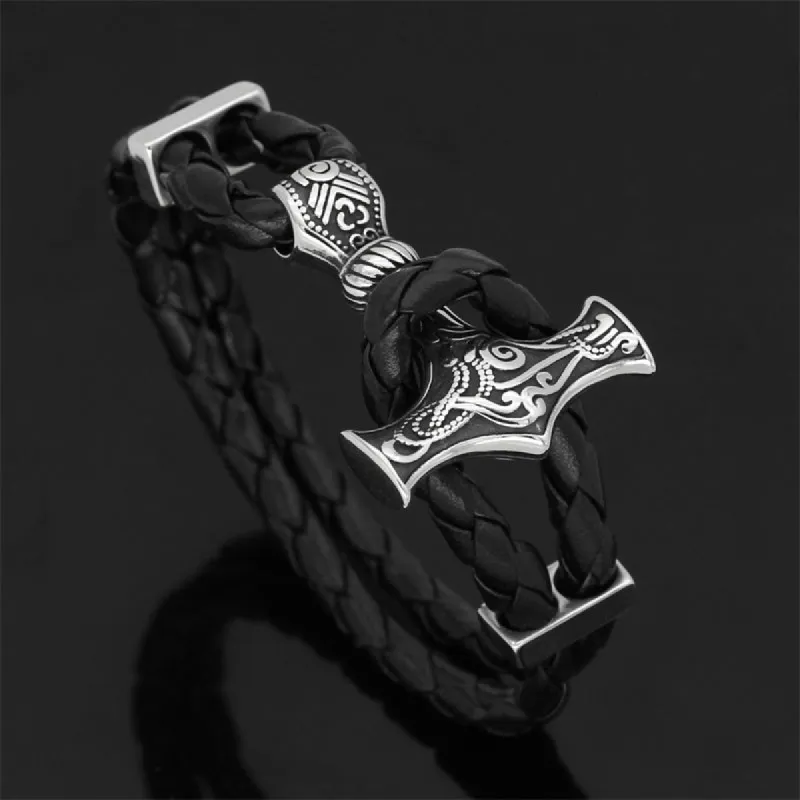 Thor hammer leather bracelet Viking totem titanium steel bracelet sold by Polyalien