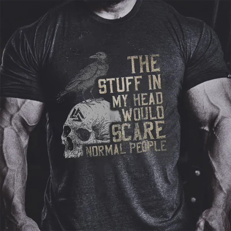 THE STUFF IN MY HEAD letter skull print men's casual tees designer sold by Polyalien