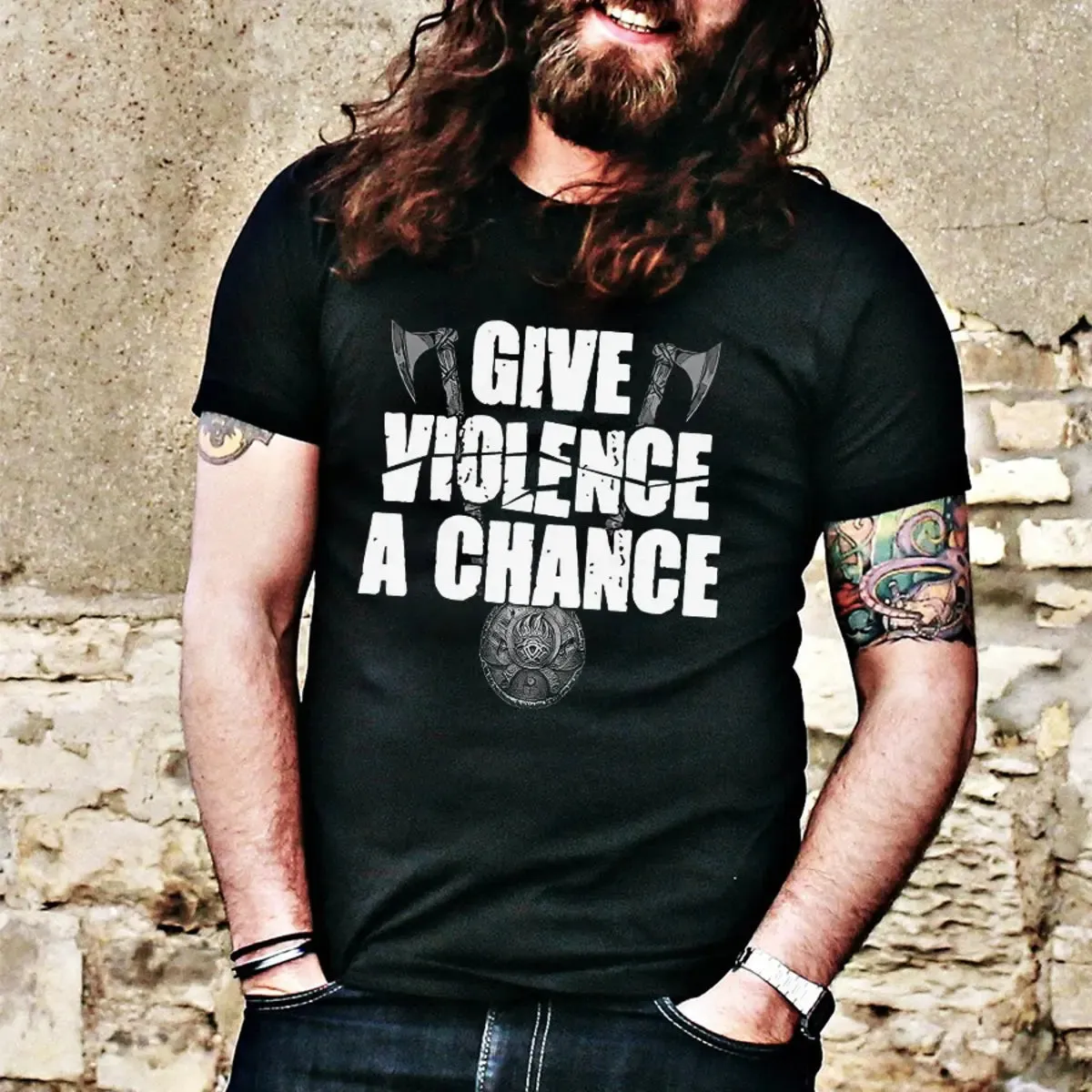 Viking Give Violence A Chance Printed Men's T-shirt sold by Polyalien