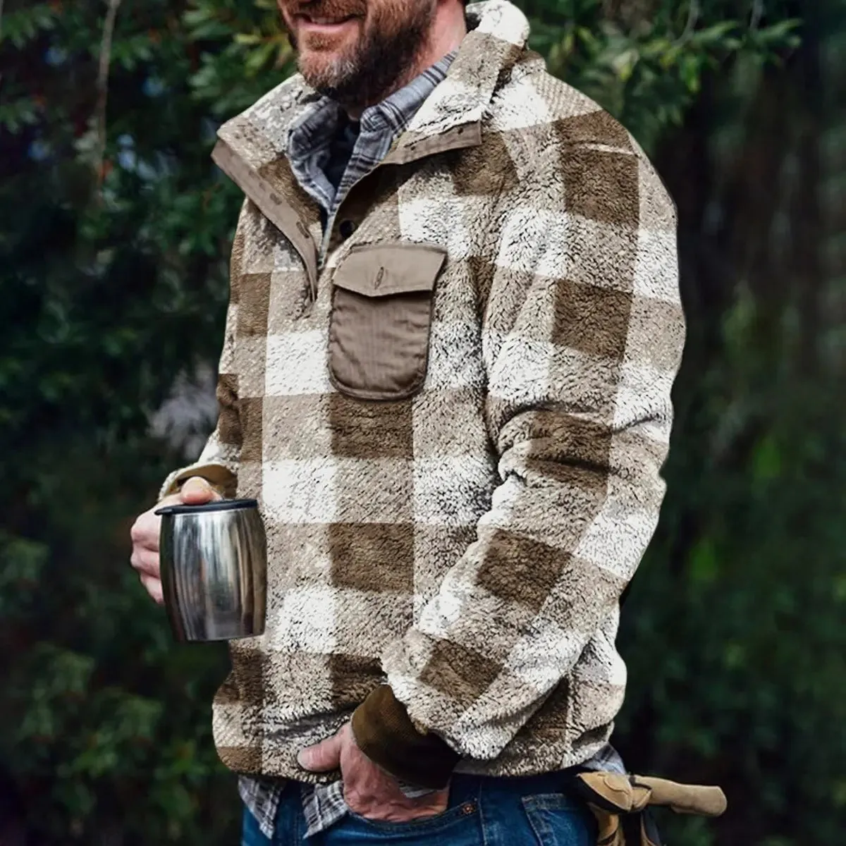 Casual Winter Plaid Pocket Men's Pullover Jacket sold by Polyalien