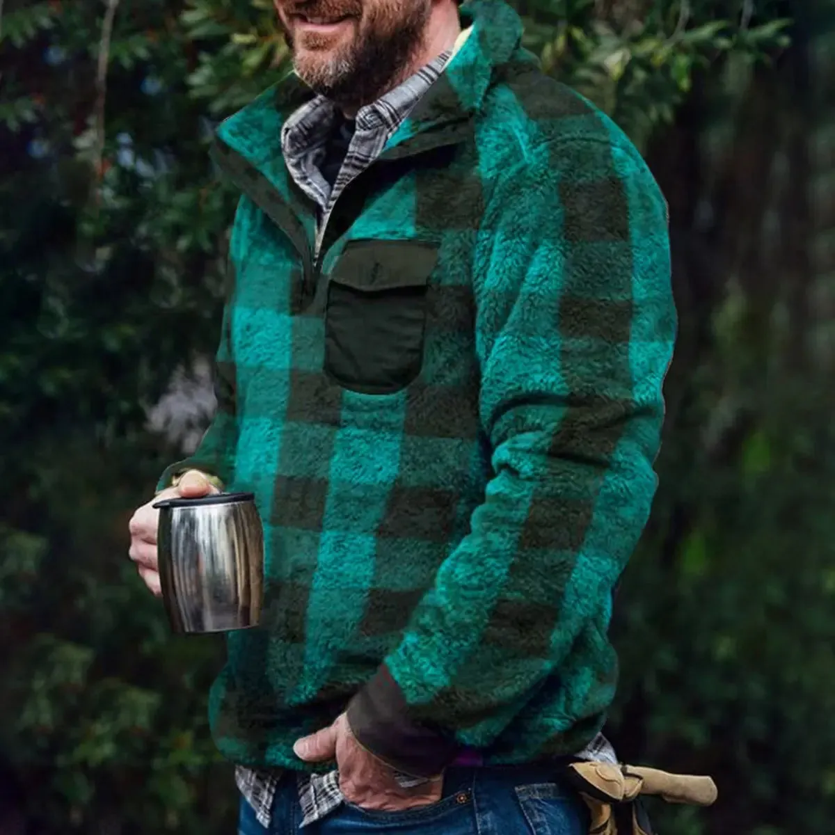 Casual Dark Green Plaid Pocket Men's Pullover Jacket sold by Polyalien