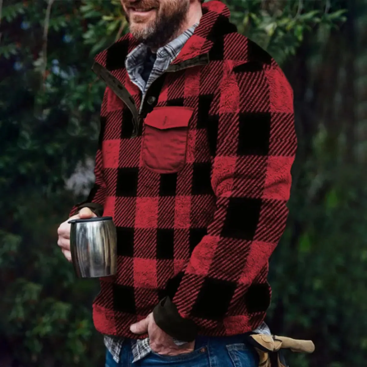 Red And Black Plaid Warm Pocket Men's Pullover Jacket sold by Polyalien
