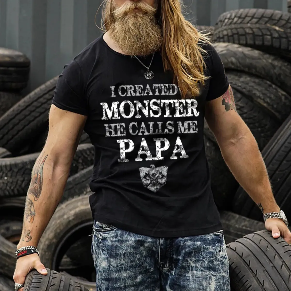 Viking I Created A Monster He Calls Me Papa Printed Men's T-shirt sold by Polyalien