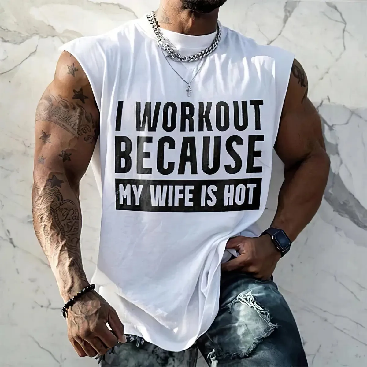 I workout because my wife is hot Printed Men's Vest sold by Polyalien