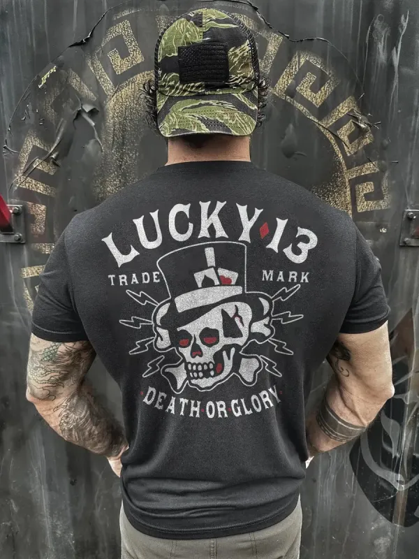 Lucky 13,death or glory  Print Men's T-shirt sold by Polyalien