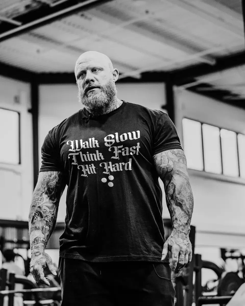 Walk slow Think fast Hit hard Print Men's T-shirt sold by Polyalien