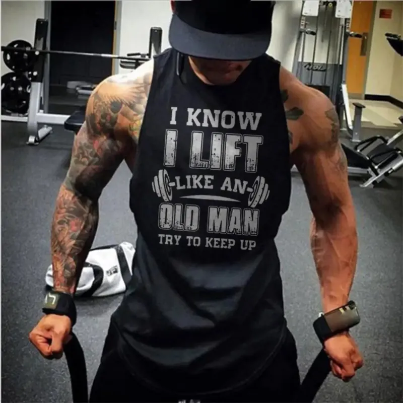 I lift like an old man,try to keep up     Printed Men's Vest sold by Polyalien