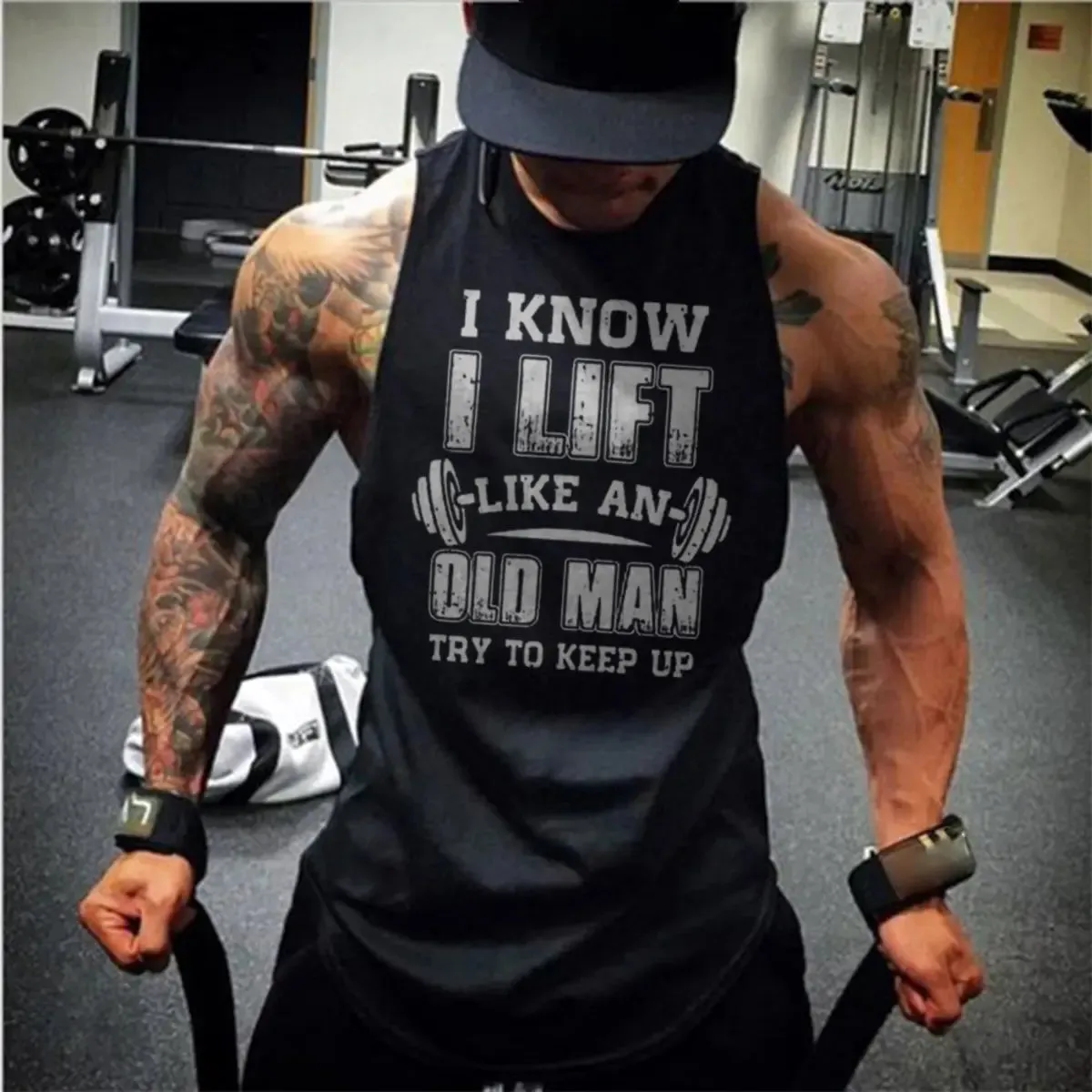 I lift like an old man,try to keep up Printed Men's Vest sold by Polyalien