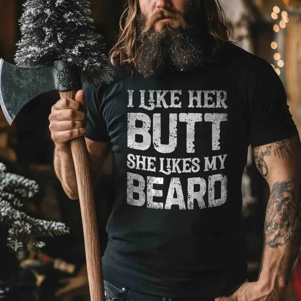 Viking I Like Her Butt She Likes My Beard Printed Men's T-shirt sold by Polyalien