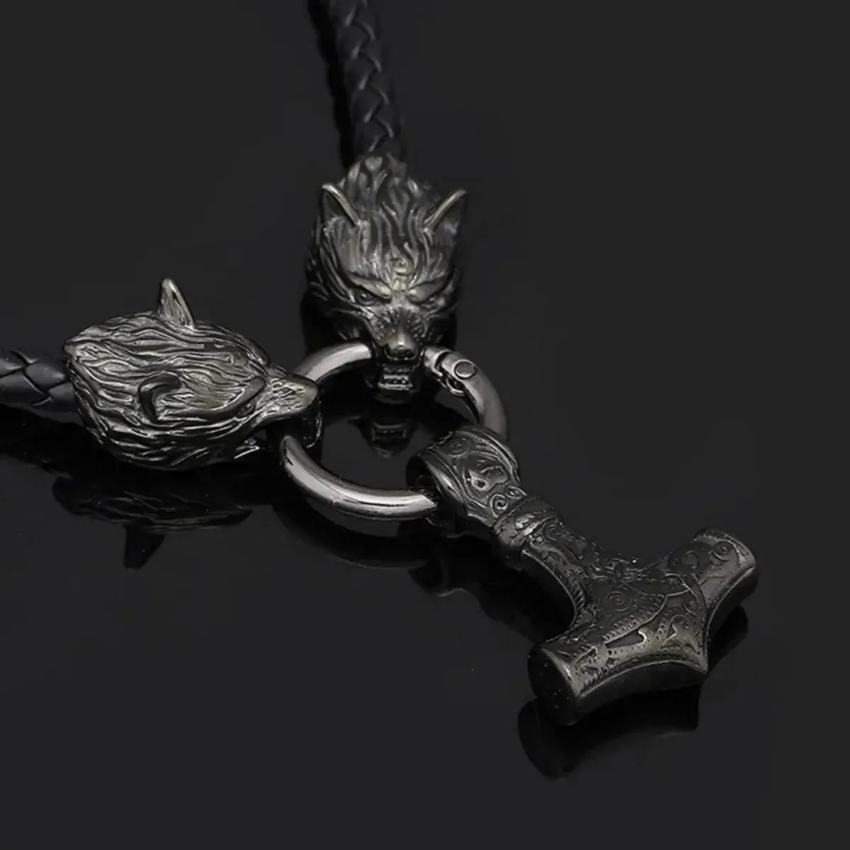 Vintage Viking Thor Hammer Pendant Wolf Head Leather Necklace sold by Polyalien product image thumbnail 2