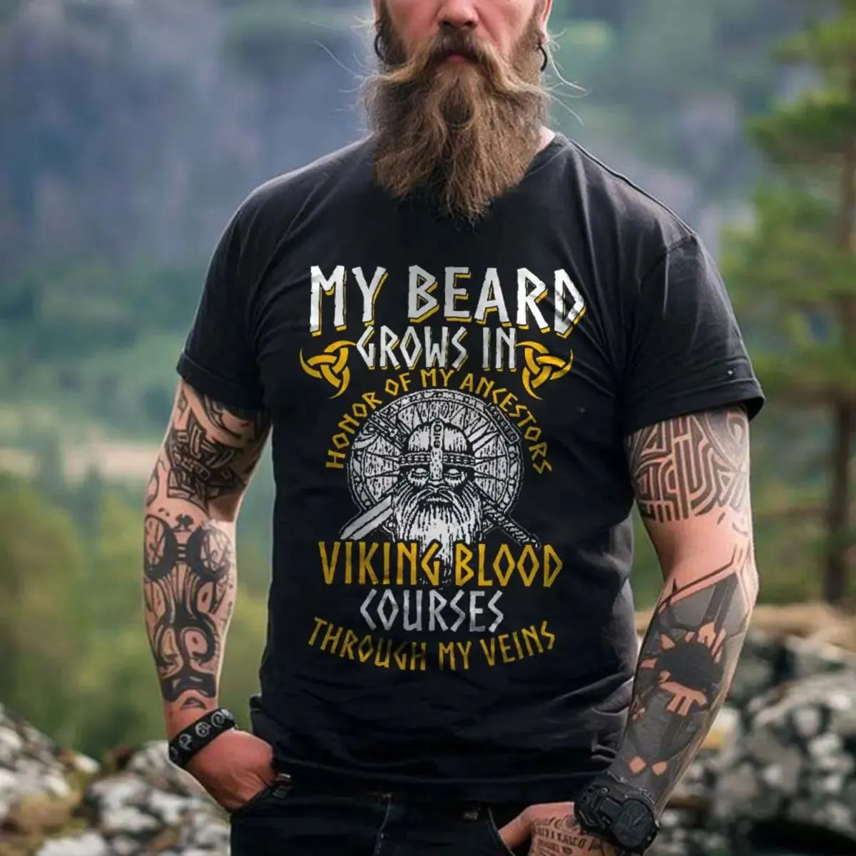 Viking My Beard Grows In Honor Of My Ancestors Viking Blood Courses Through My Veins Printed Men's T-shirt sold by Polyalien