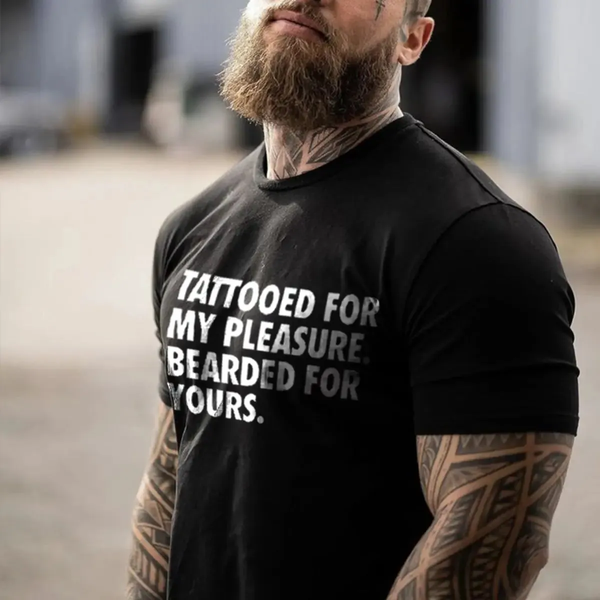 Viking Tattooed For My Pleasure. Bearded For Yours. Printed Men's T-shirt sold by Polyalien