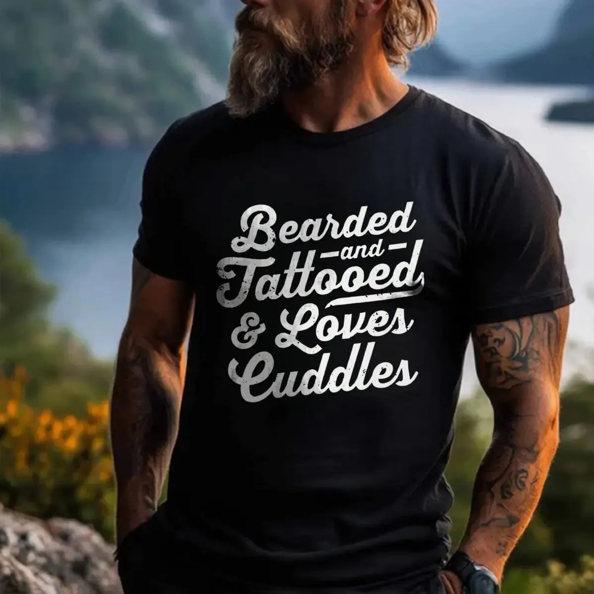 Viking Bearded And Tattooed & Loves Cuddles Printed Men's T-shirt sold by Polyalien