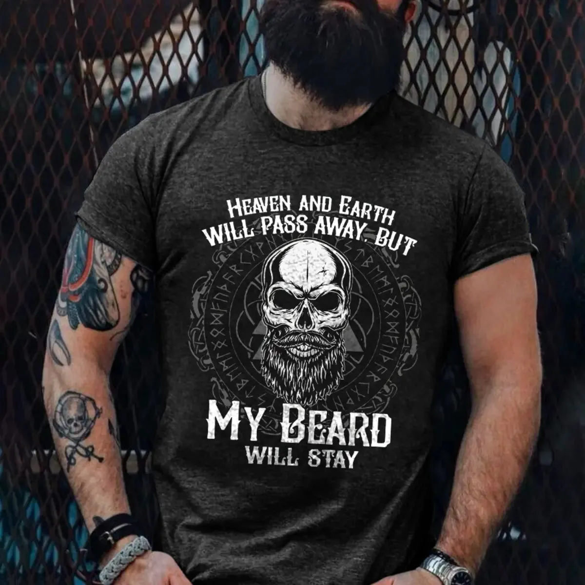 Viking Heaven And Earth Will Pass Away My Beard Will Stay Printed Men's T-shirt sold by Polyalien