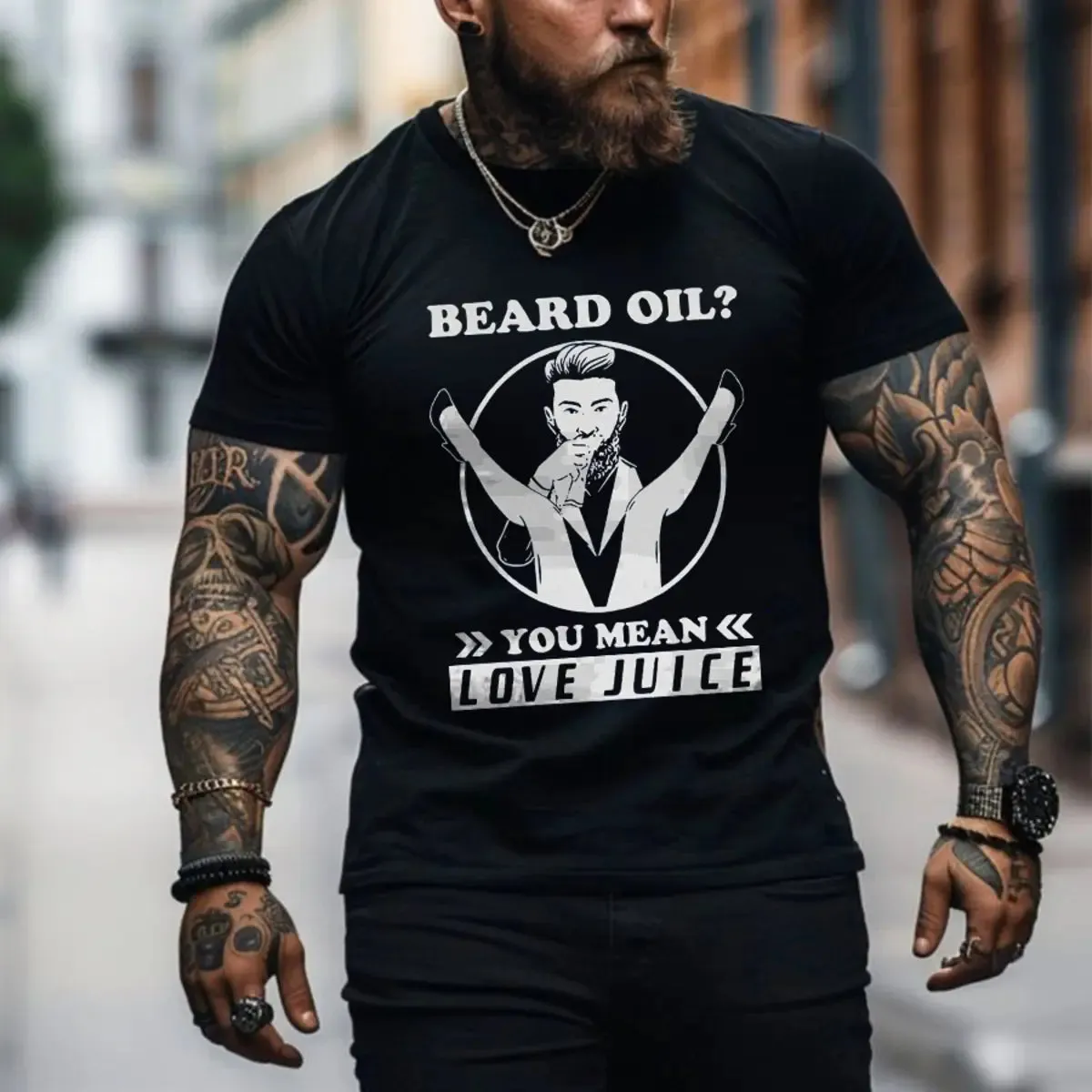 Viking Beard Oil? You Mean Love Juice Printed Men's T-shirt sold by Polyalien