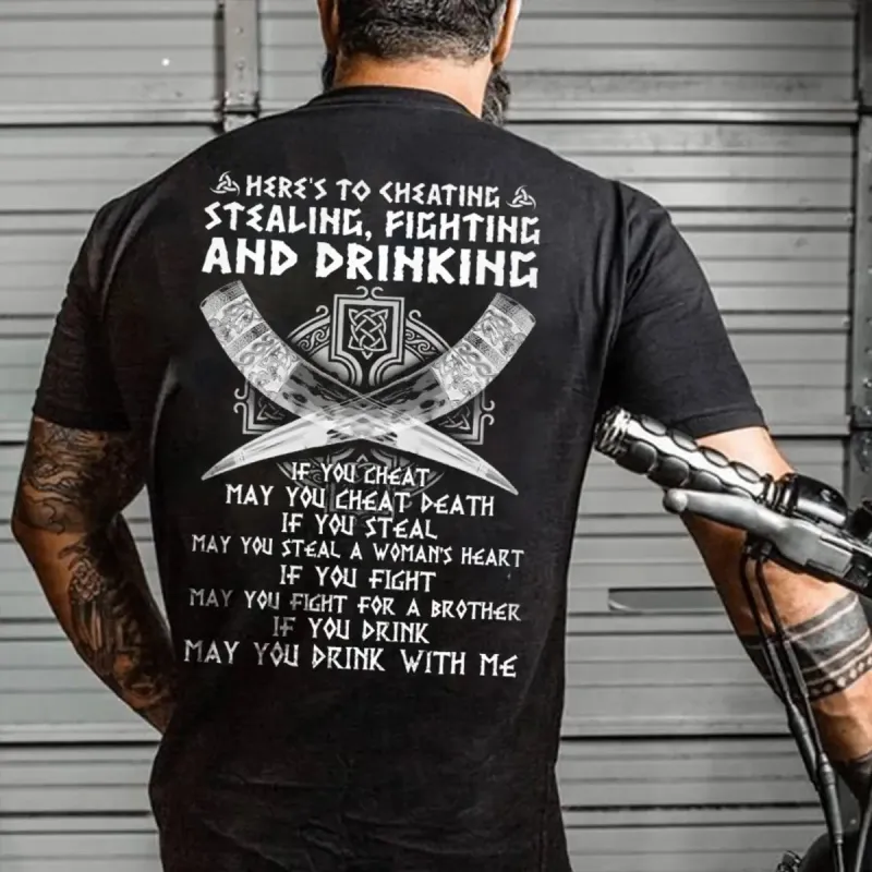 Viking Here's To Cheating Stealing, Fighting And Drinking Printed Men's T-shirt sold by Polyalien