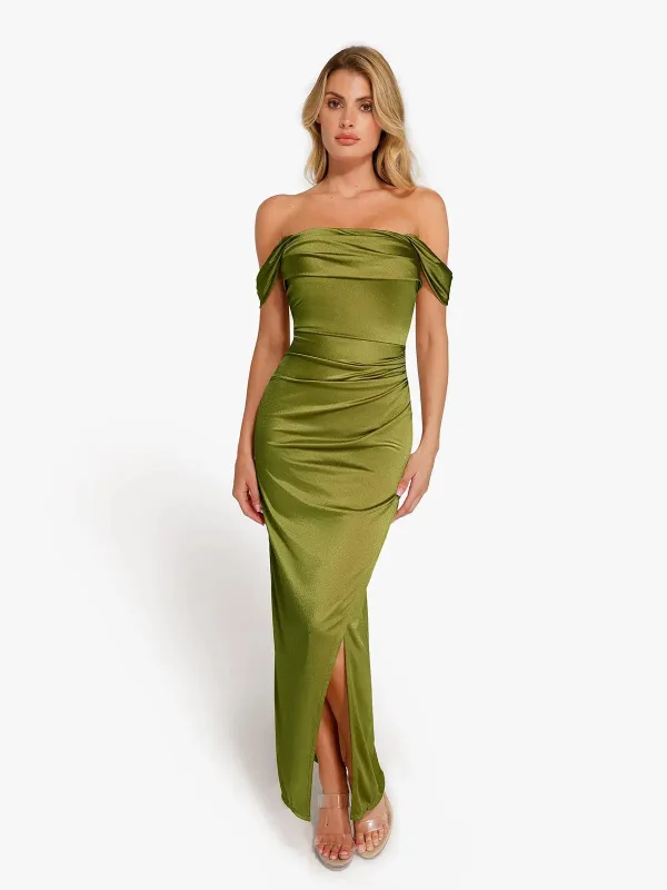 Shapewear Off Shoulder Shine Ruched Sculpting Maxi Dress made by Popilush