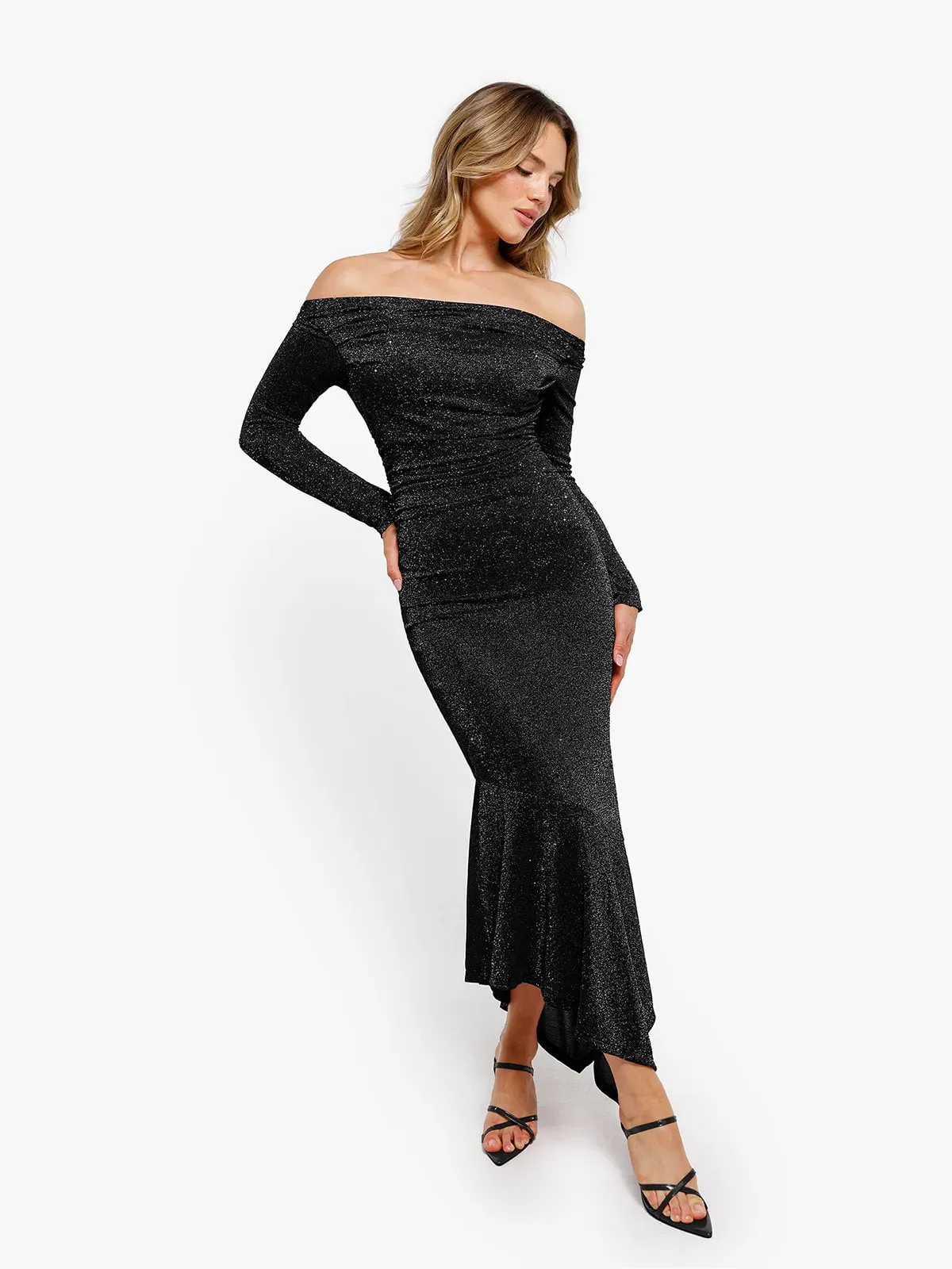 Shapewear Metallic Knit Long Sleeve Slim Mermaid Maxi Dress sold by Popilush product image thumbnail 3