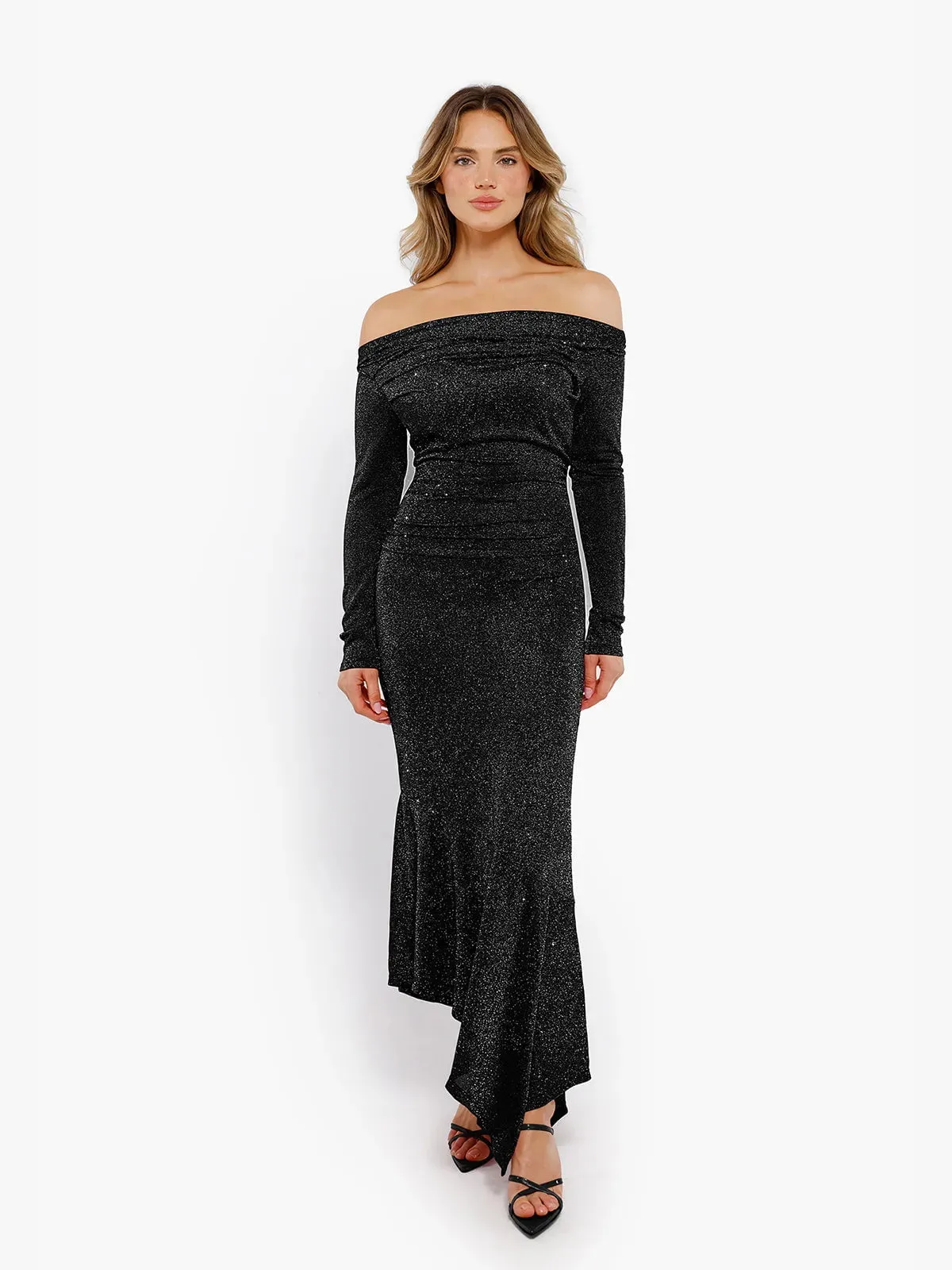 Shapewear Metallic Knit Long Sleeve Slim Mermaid Maxi Dress sold by Popilush