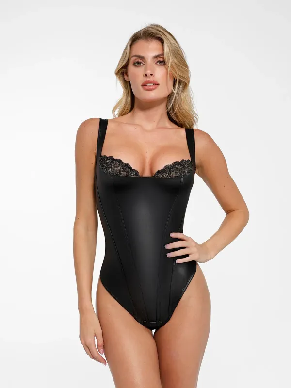 Shapewear Faux Leather Lace Balconette Sculpting Bodysuit sold by Popilush