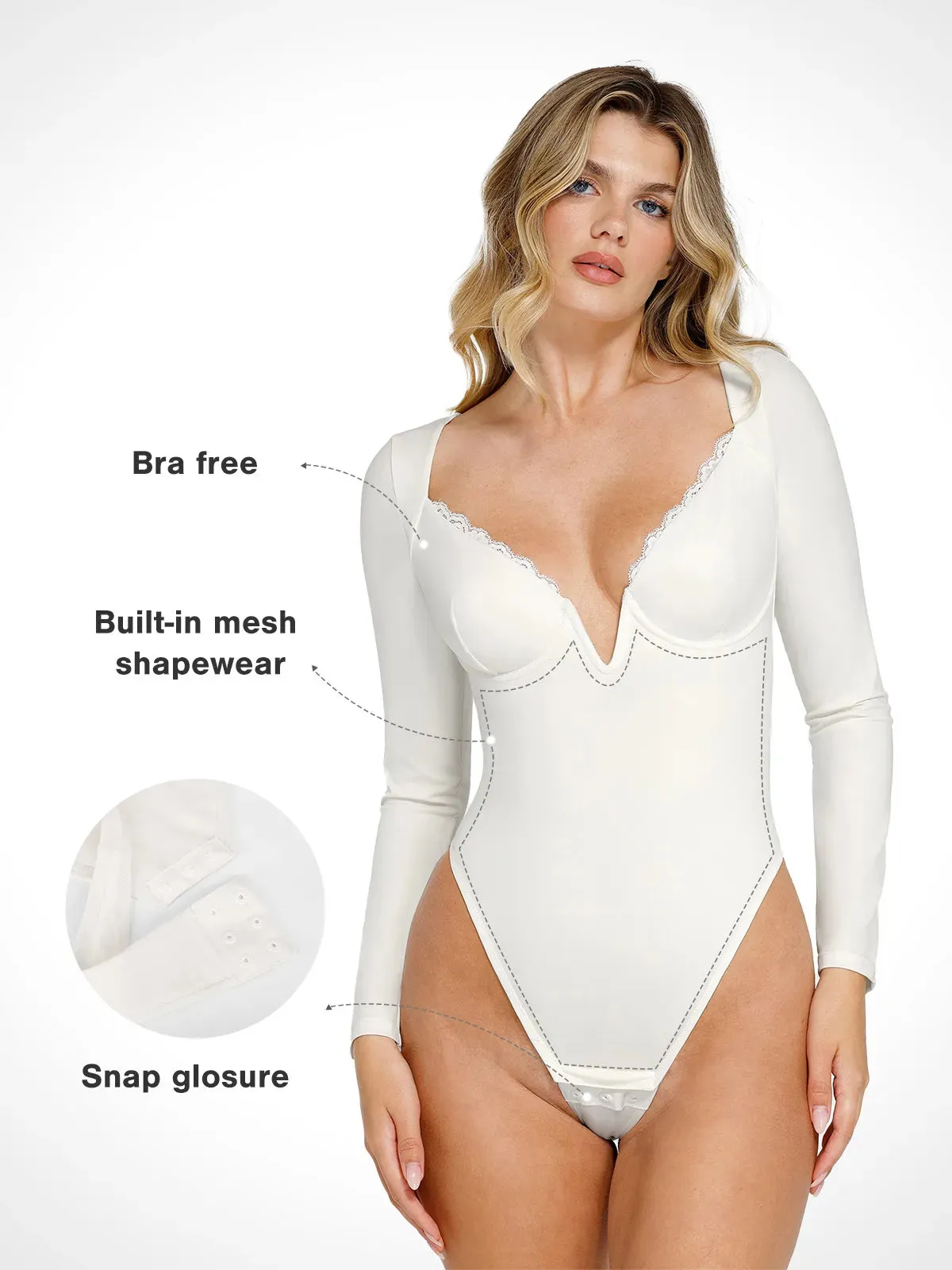 The Shapewear Bodysuit Long Sleeve V-Neck Lace Trim sold by Popilush product image thumbnail 2