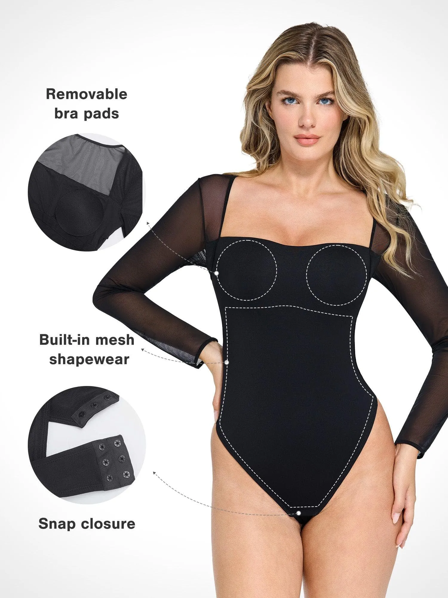 The Shapewear Bodysuit with Square Neck and Mesh Sleeves sold by Popilush product image thumbnail 2