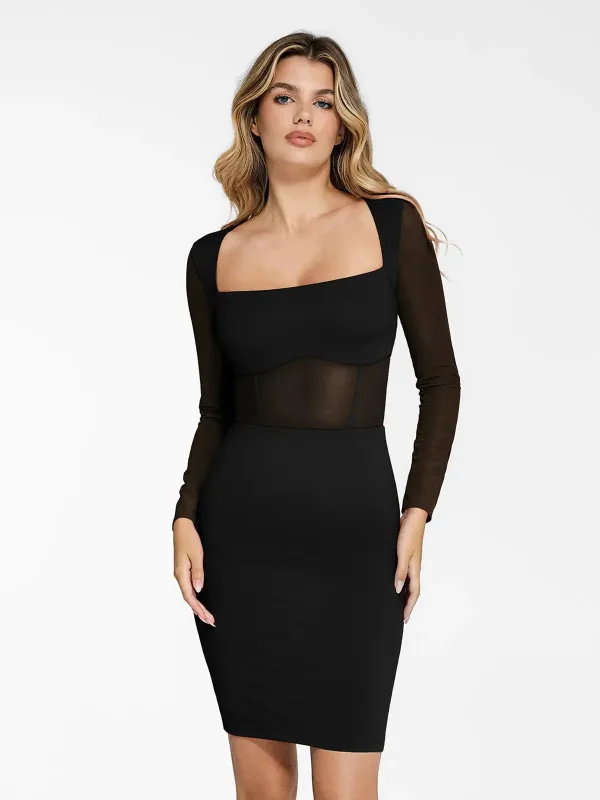 The Shapewear Dress Sculpting Long Sleeve Mesh Midi sold by Popilush