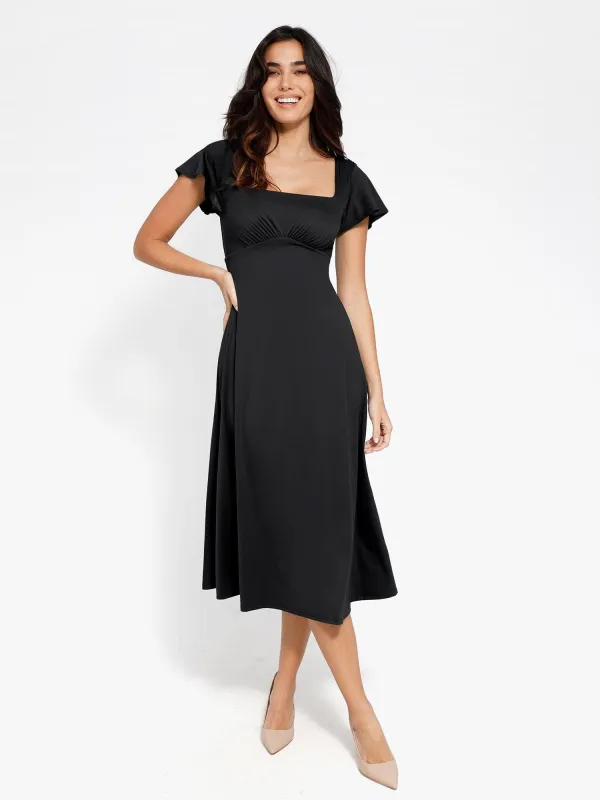 Built-In Shapewear A-Line Square Neck Midi Dress sold by Popilush