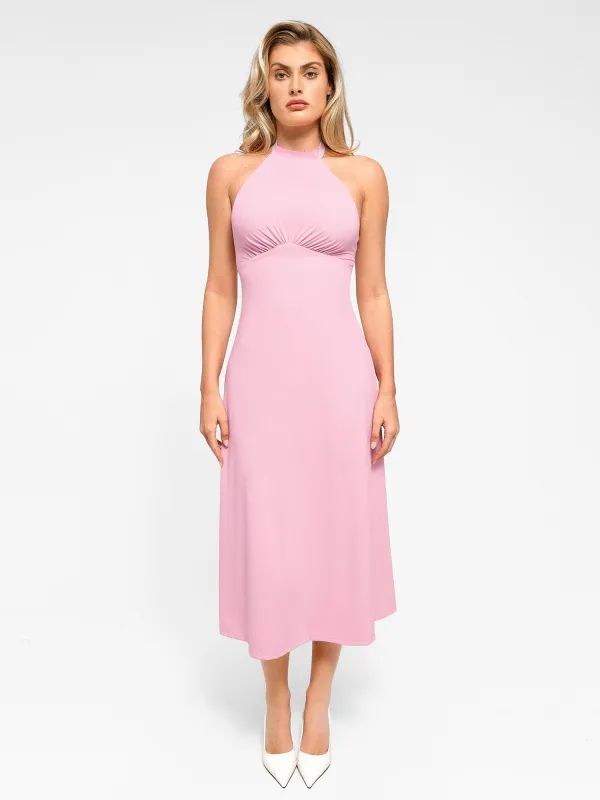 Built-In Shapewear Halter A-Line Sleeveless Midi Dress sold by Popilush