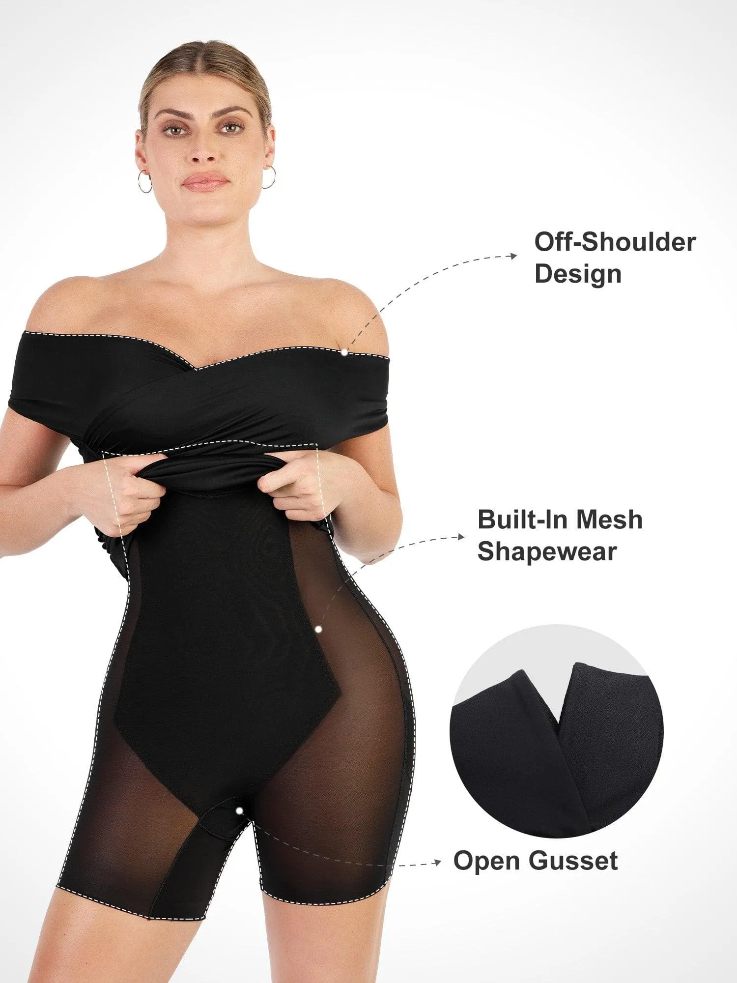 Built-In Shapewear Off Shoulder V-Neck Ruched Midi Dress sold by Popilush product image thumbnail 2