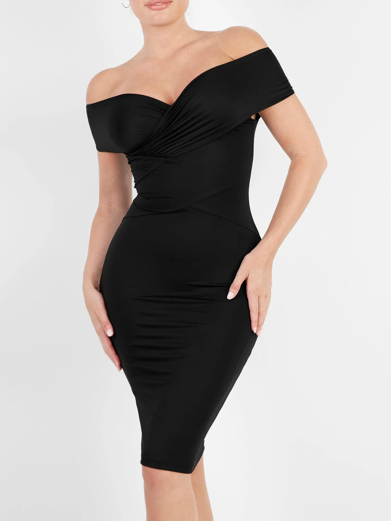Built-In Shapewear Off Shoulder V-Neck Ruched Midi Dress sold by Popilush product image thumbnail 3