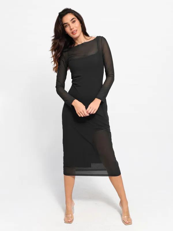 Built-In Shapewear Sheer Mesh Slip Split Midi Dress made by Popilush