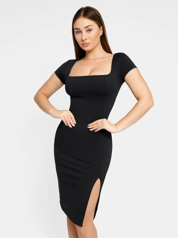 Workwear Built-In Shapewear Square Neck Split Midi Dress sold by Popilush