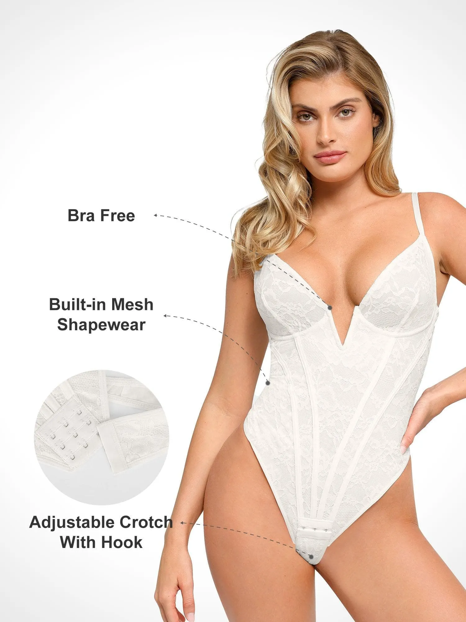 Built-In Shapewear Deep-V Neck Lace Thong Bodysuit sold by Popilush product image thumbnail 2