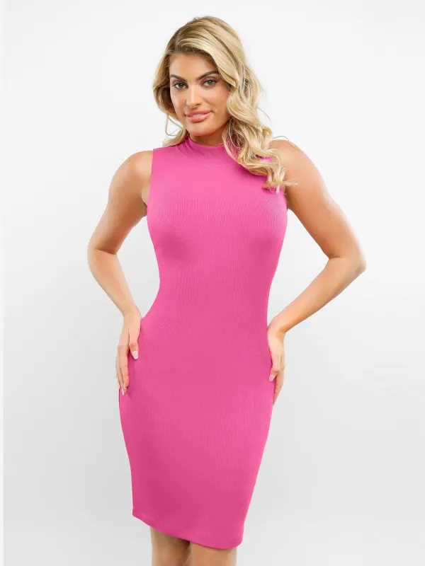 Built-In Shapewear Mock Neck Modal Midi Dress made by Popilush