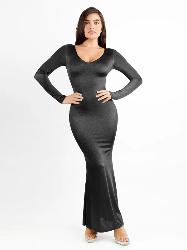 Built-In Shapewear Long Sleeve Cut-Out Back Shine Maxi Dress made by Popilush