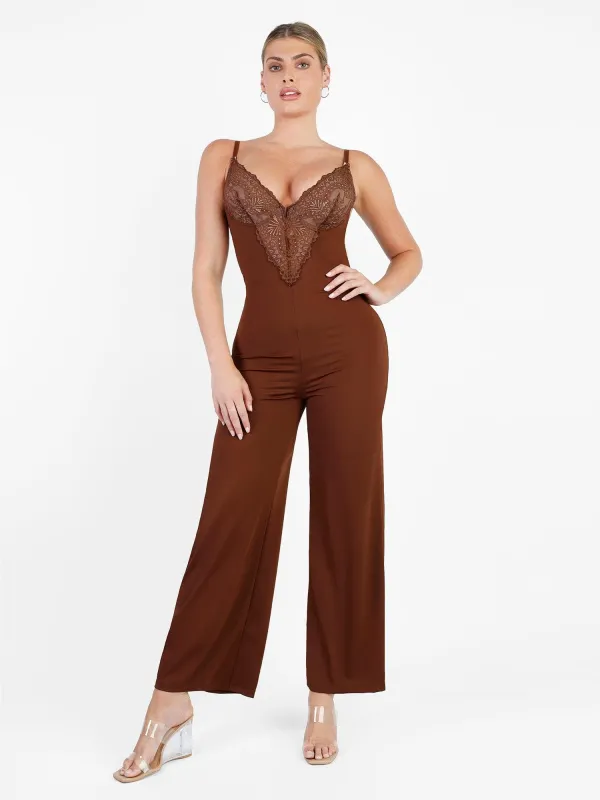 Lace Deep V-Neck Wide-Leg Shapewear Slip Jumpsuit made by Popilush