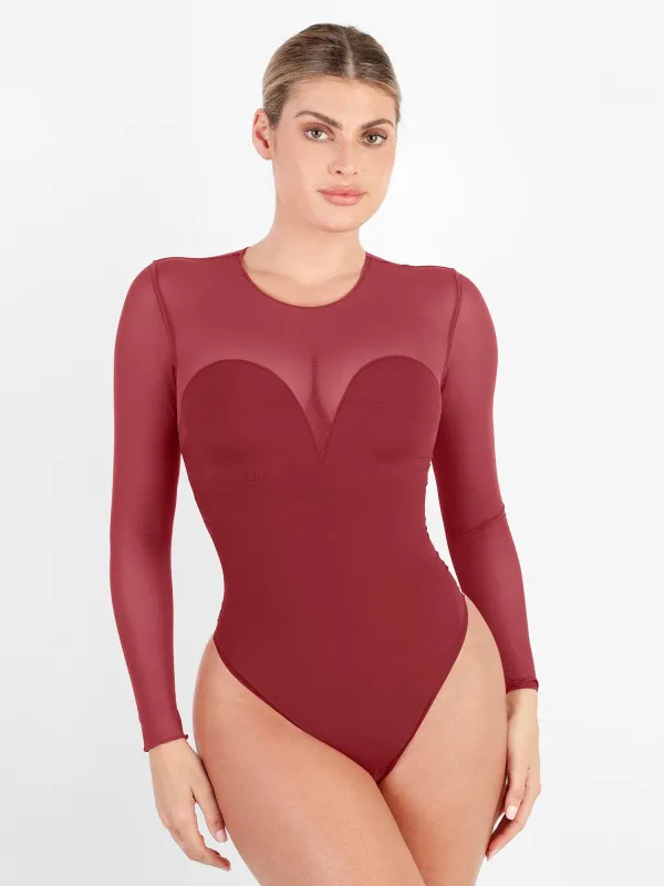 Sheer Mesh Shapewear Long Sleeve Thong Bodysuit sold by Popilush