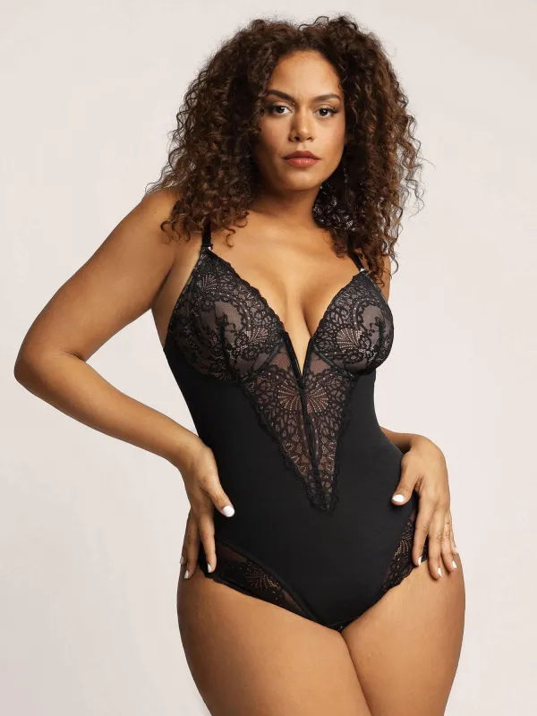 Deep-V Neck Lace Thong Bodysuit sold by Popilush