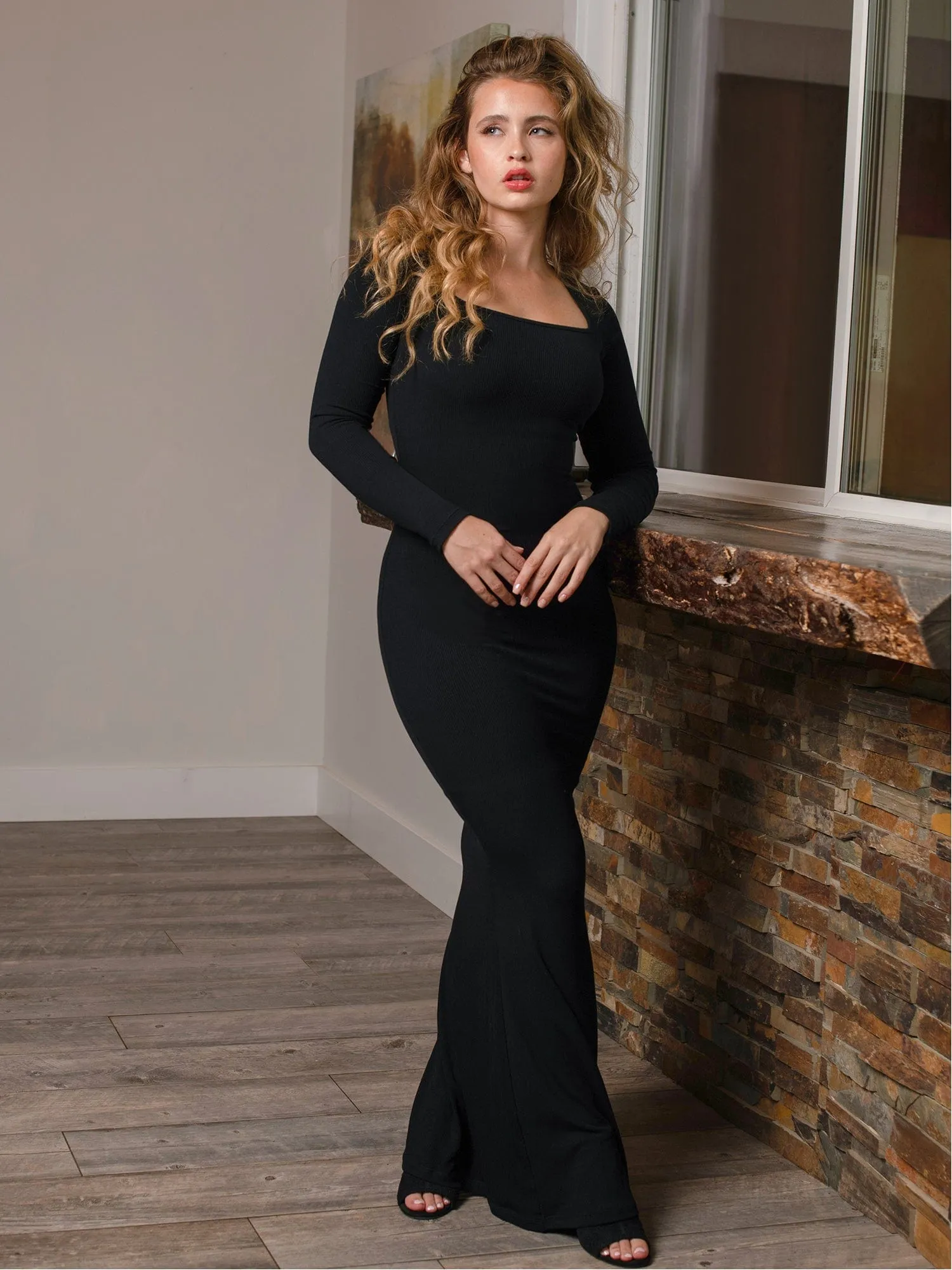 Built-In Shapewear Long Sleeve Maxi Lounge Dress sold by Popilush product image thumbnail 5
