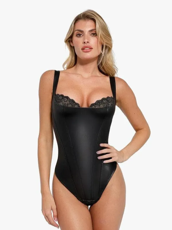 Shapewear Faux Leather Lace Balconette Sculpting Bodysuit sold by Popilush